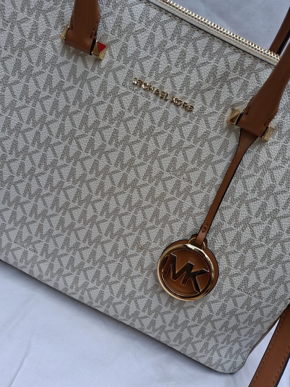 Michael Kors Beige Signature MK Satchel with Acorn Trim